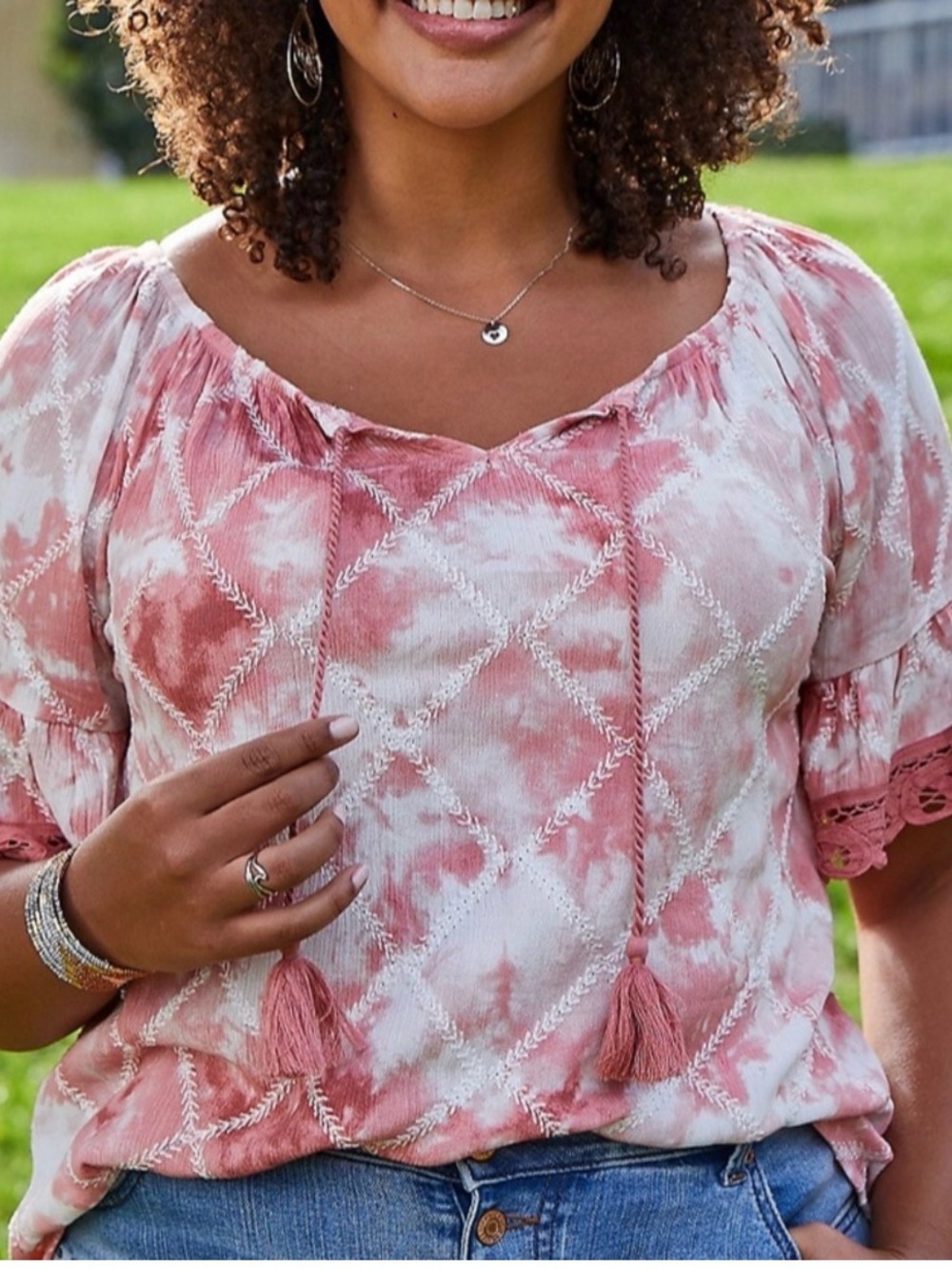 Maurices Pink White Tie Die Boho Lace Shirt